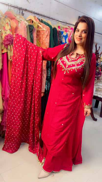 Red Embroidered Palazzo Suits (PS006)