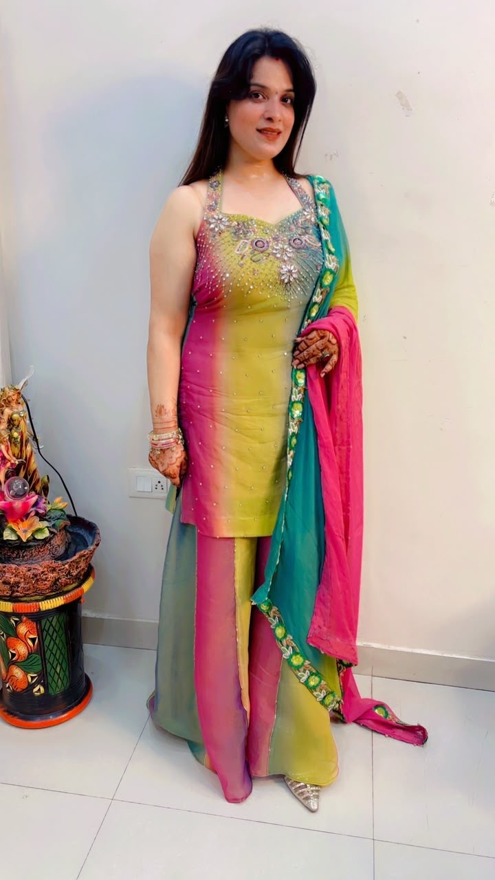 Multi Colour Halter Neck Kurti With Panelled Palazzo Set
