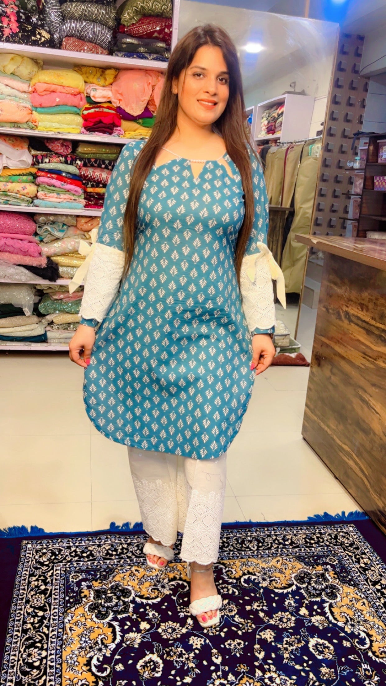 Blue And Off-White Cotton Printed Designer Kurti And Pant Set (KS003)