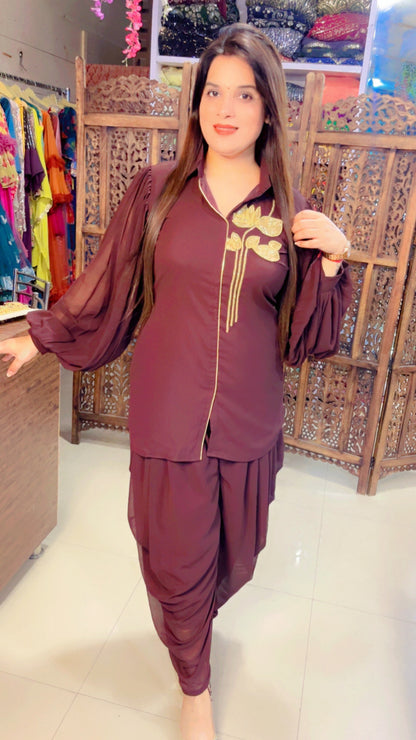 Brown Georgette Designer Hand Embroidered Short Kurta And Dhoti Salwar Set (DS)