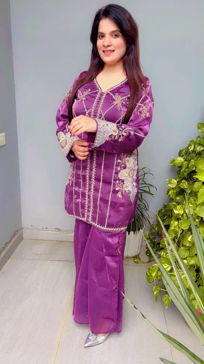Purple Embroidered Top And Sharara Co-Ord Set