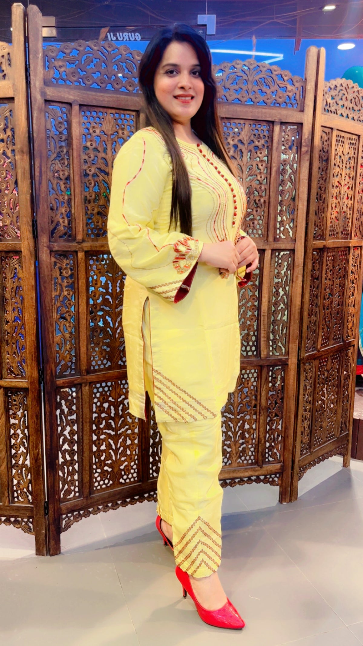 Yellow Silk Pant Suit With Chinon Dupatta For Haldi Function