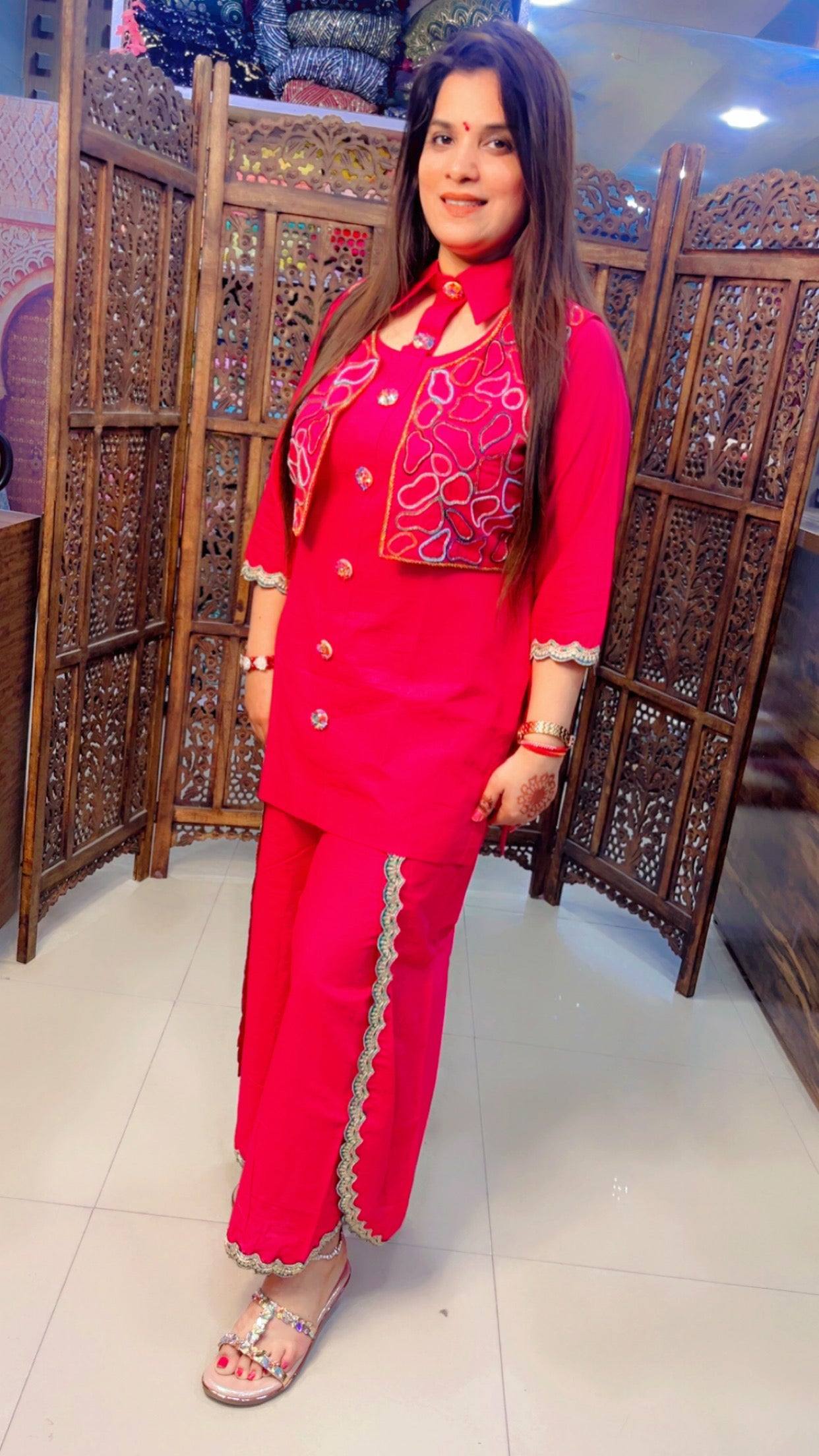 Hot Pink Linen Fabric Solid Print Festive Look Short Kurti And Over Lapped Palazzo With Embroidered Jacket (JS001)
