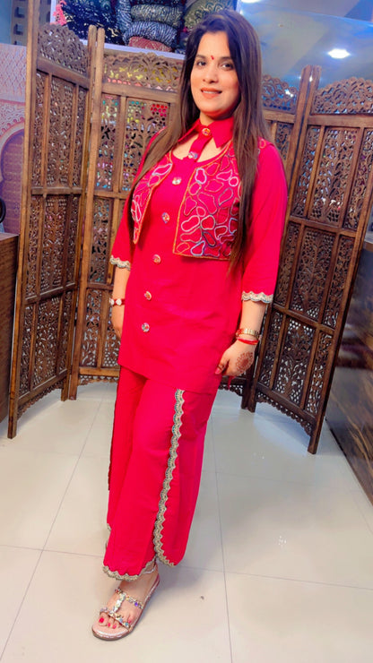 Hot Pink Linen Fabric Solid Print Festive Look Short Kurti And Over Lapped Palazzo With Embroidered Jacket (JS001)
