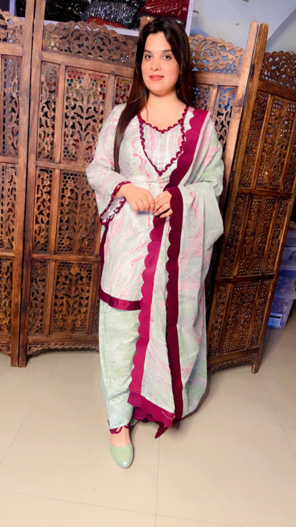 Light Green Cotton Printed Boutique Style Suit And Farshi Salwar With Cut Work Dupatta (FS014)