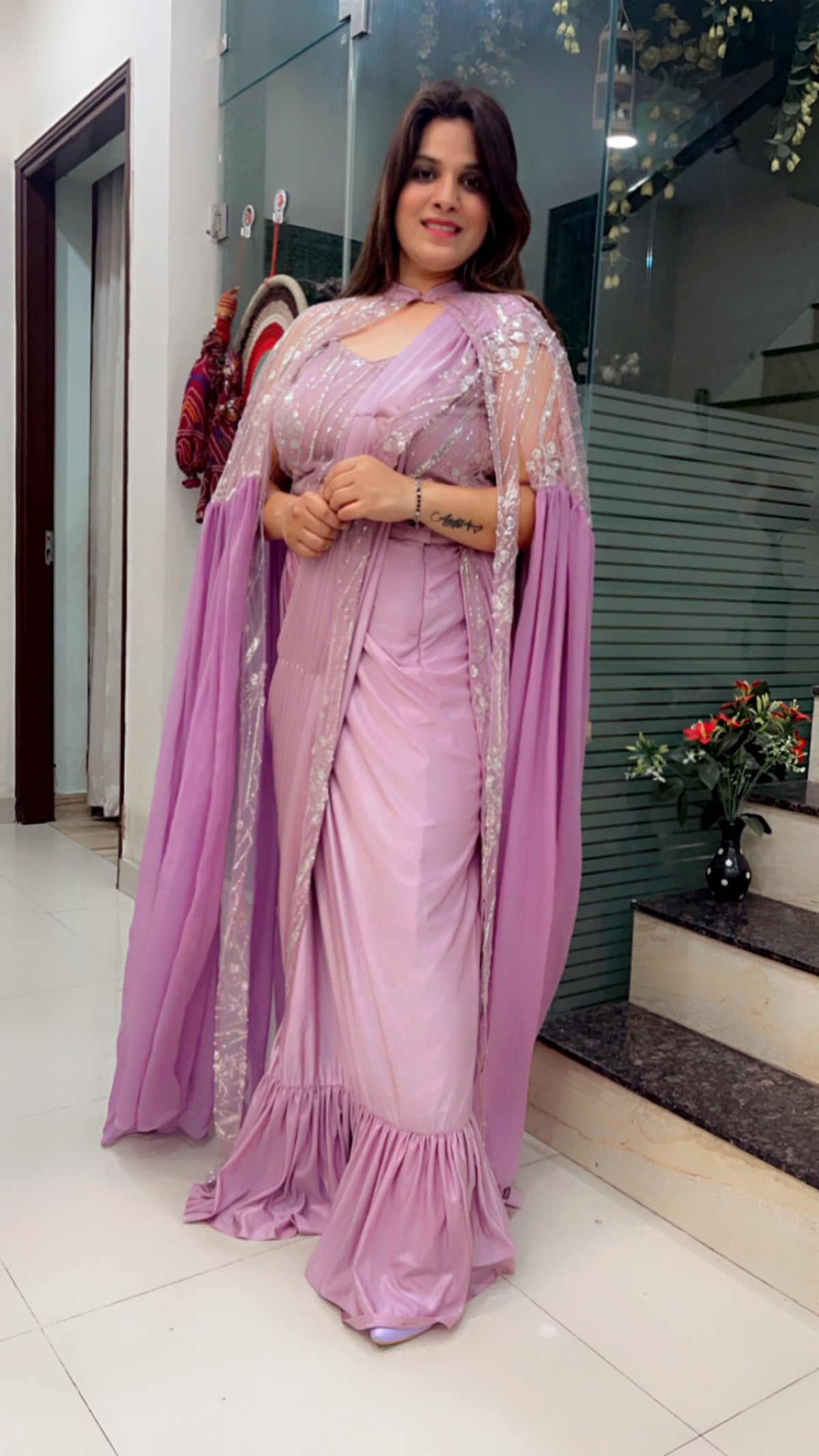 Lavender Saree With Cape For Weddings (SR021)