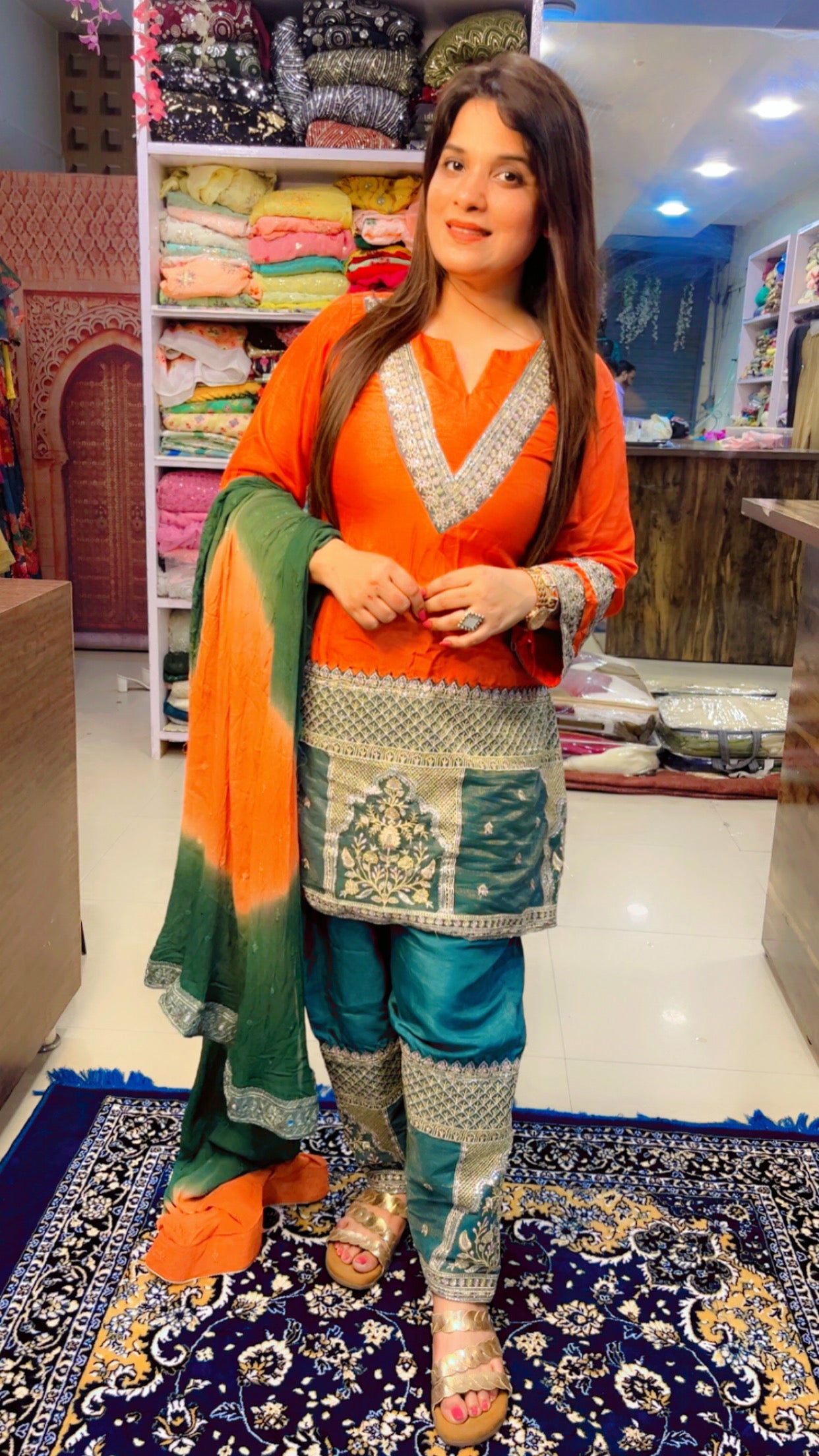 Orange And Green Designer Partywear Suit (SS001)