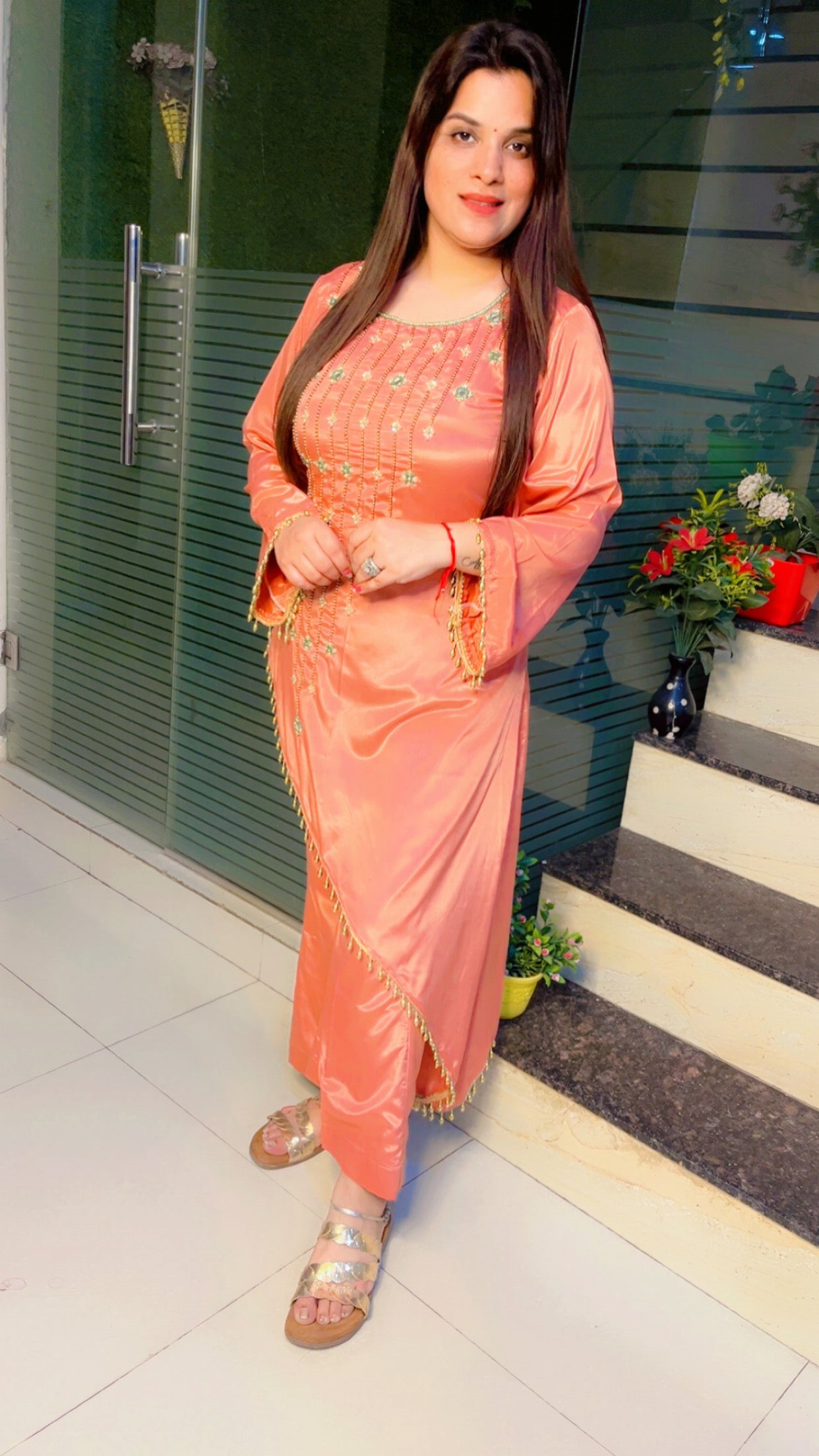 Peach Pink Hand Embroidered Kurti Set (KS006)