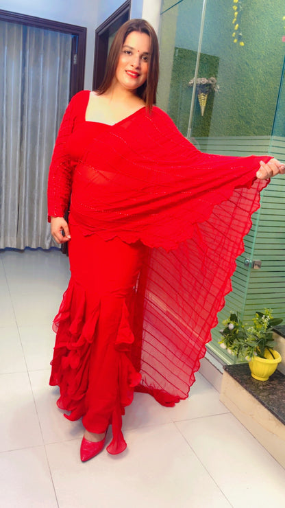Red Embroidered Drape Saree (SR016)