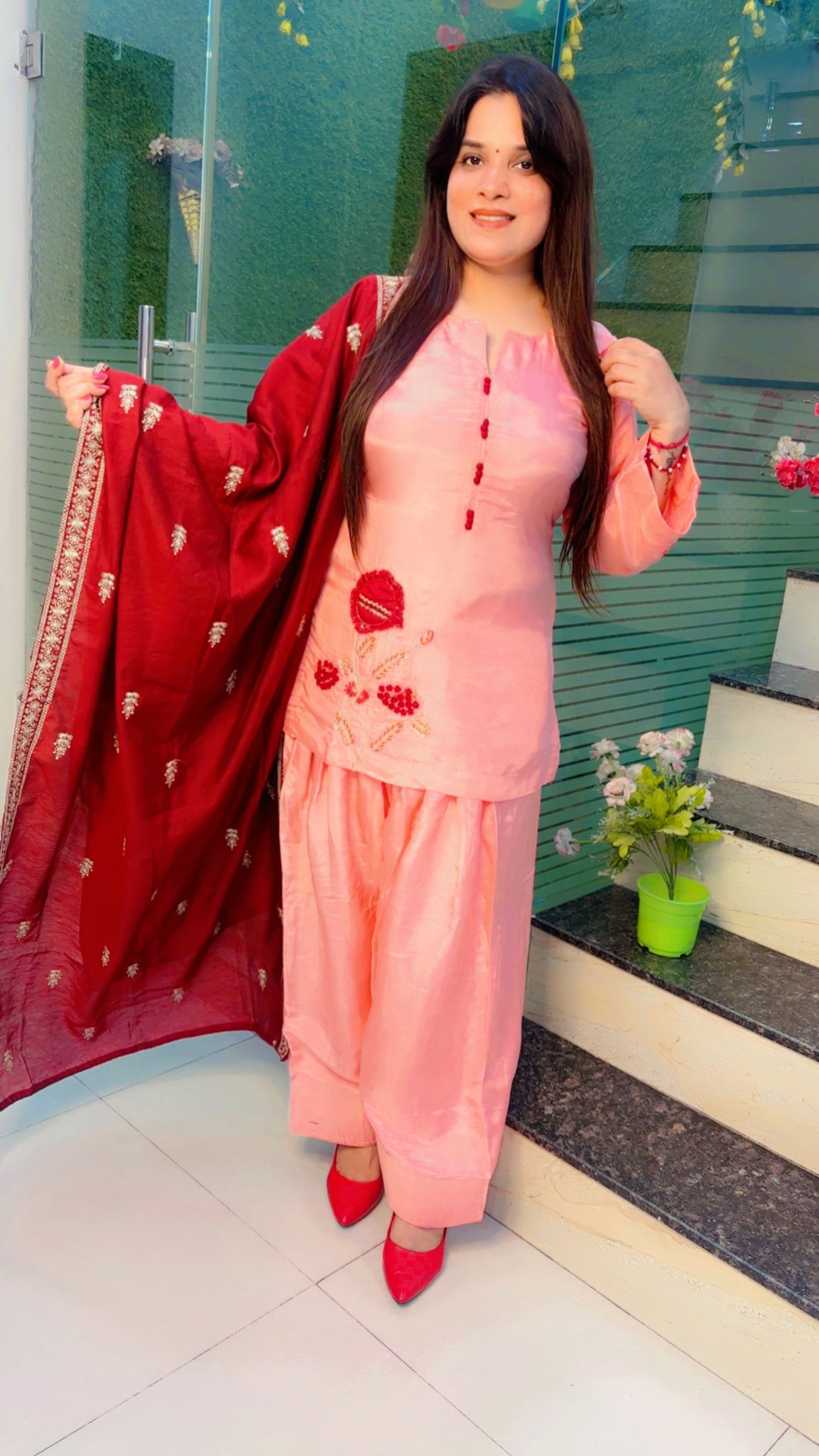Peach Hand and Patch Worked Silk Farshi Salwar Suit with Dupatta