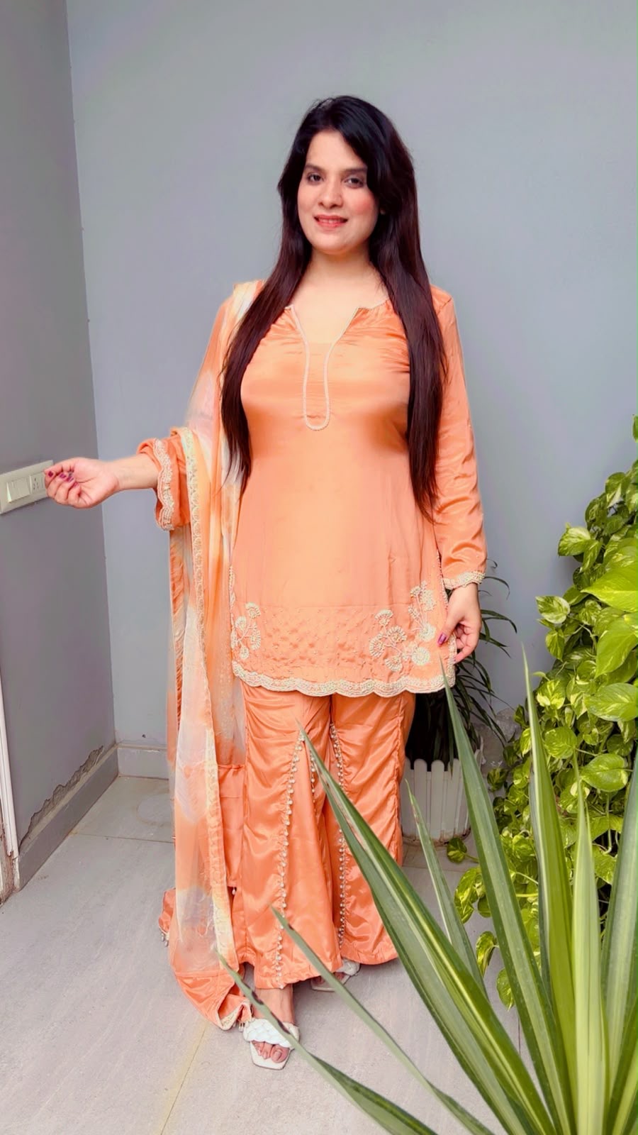 Peach Kashmiri Palazzo Kurti And Dupatta