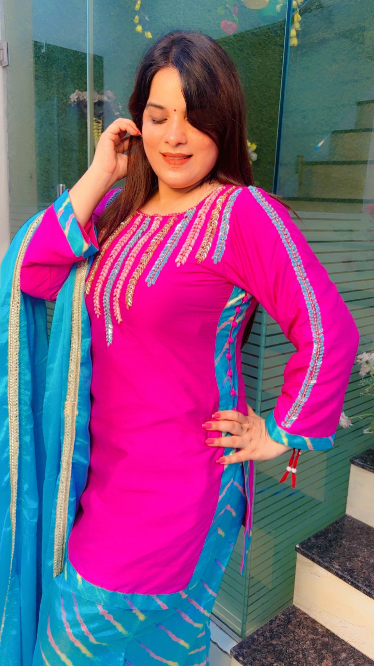 Hot Pink And Turquoise Blue Farshi Salwar Suit with Dupatta