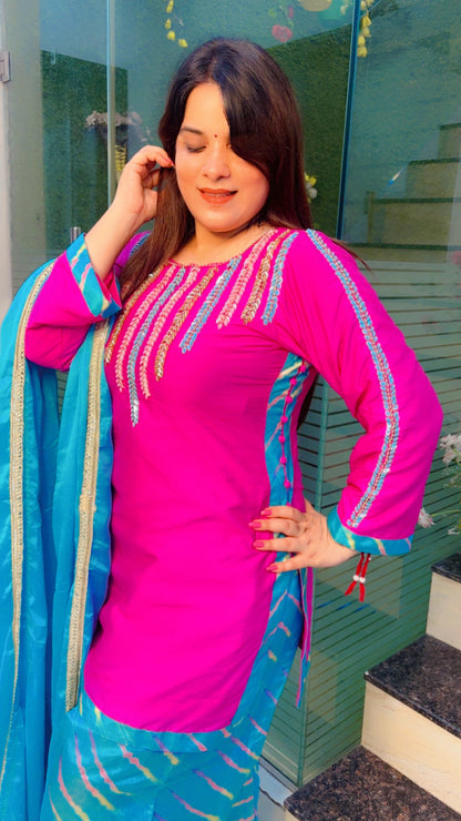 Hot Pink And Turquoise Blue Farshi Salwar Suit with Dupatta