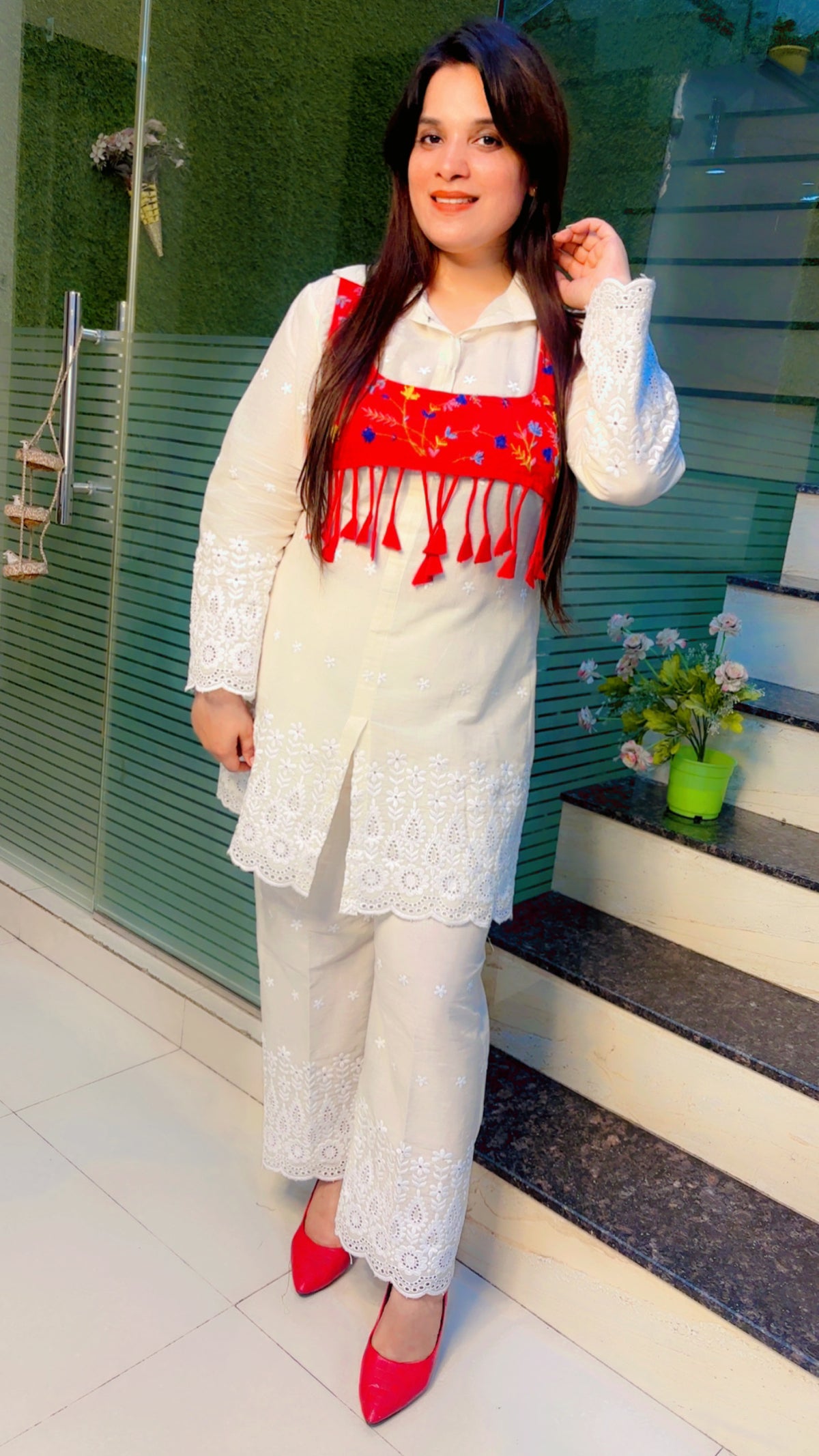 Hand Worked Red Jacket With White Schiffli Co-Ord Set