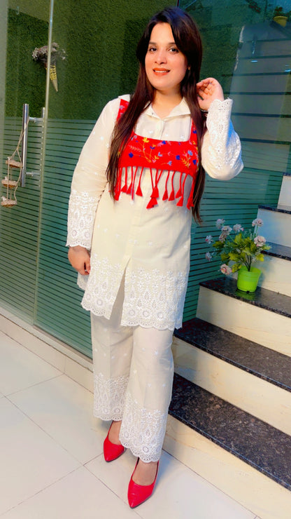 Hand Worked Red Jacket With White Schiffli Co-Ord Set