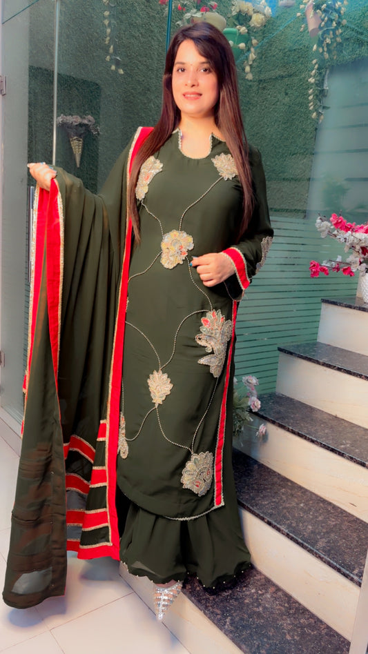 Green Embroidered Georgette Suit with Palazzo and Dupatta