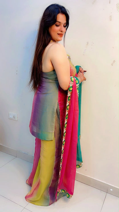 Multi Colour Halter Neck Kurti With Panelled Palazzo Set