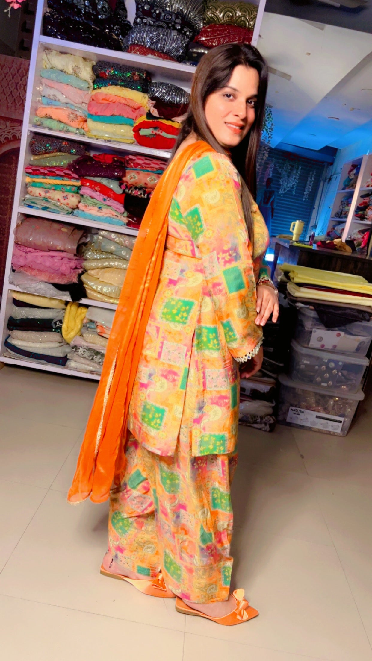 Yellow Muslin Designer Mirror Lace Work Farshi Salwar Suit With Chiffon Dupatta (FS)