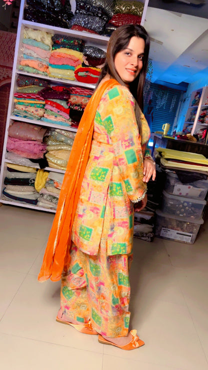 Yellow Muslin Designer Mirror Lace Work Farshi Salwar Suit With Chiffon Dupatta (FS)