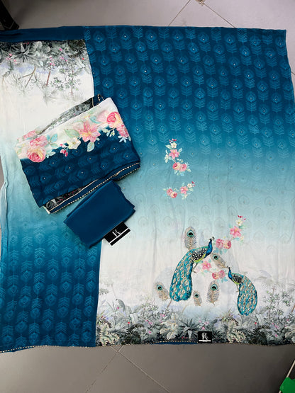Peacock Print Unstitched Suit Material with Dupatta