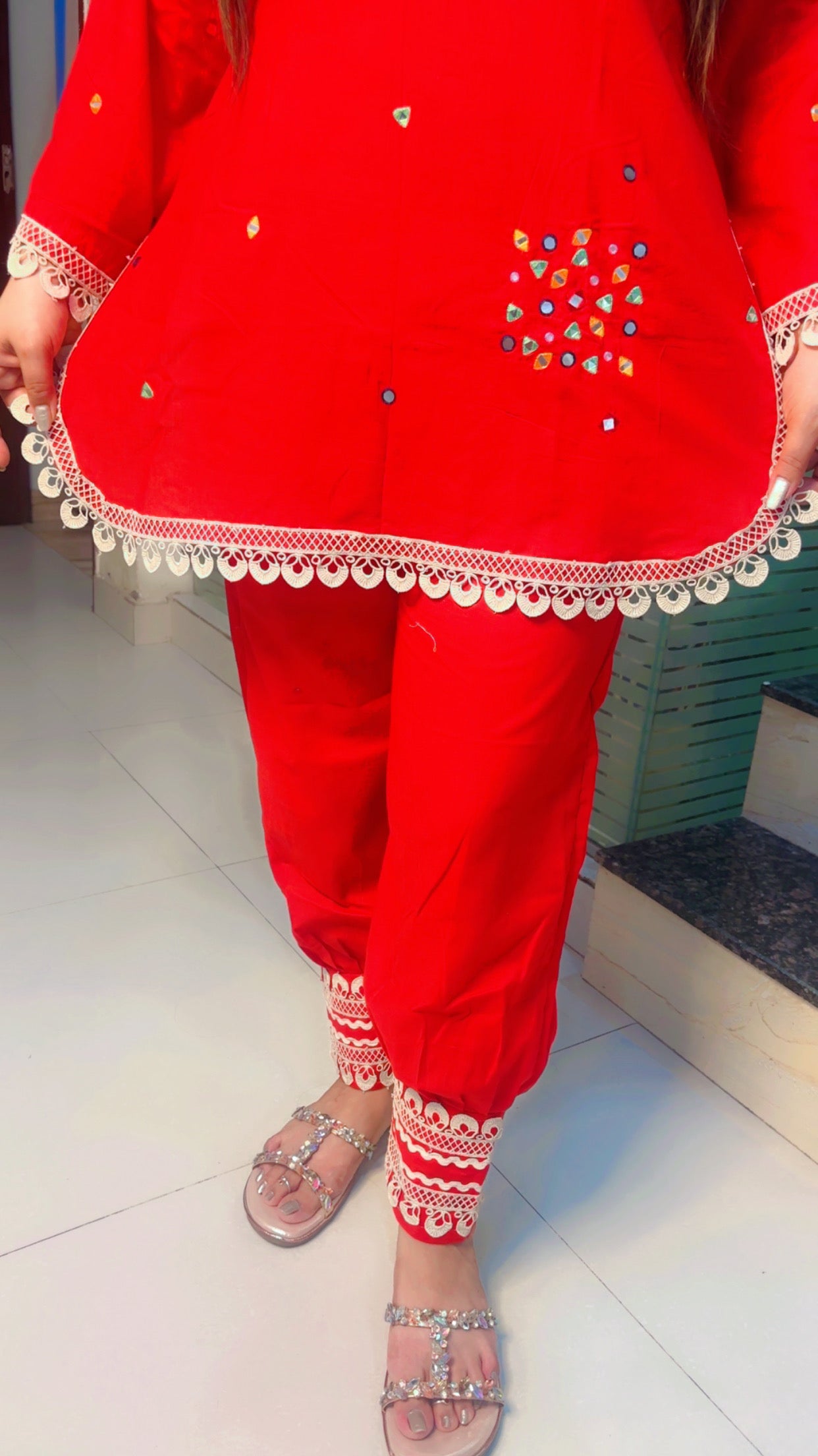 Red Cotton Afghani Salwar with Short Kurti Set