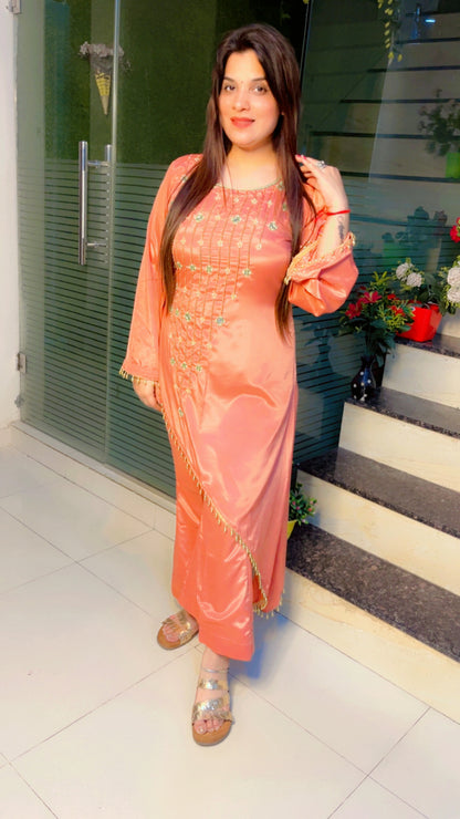 Peach Pink Hand Embroidered Kurti Set (KS006)