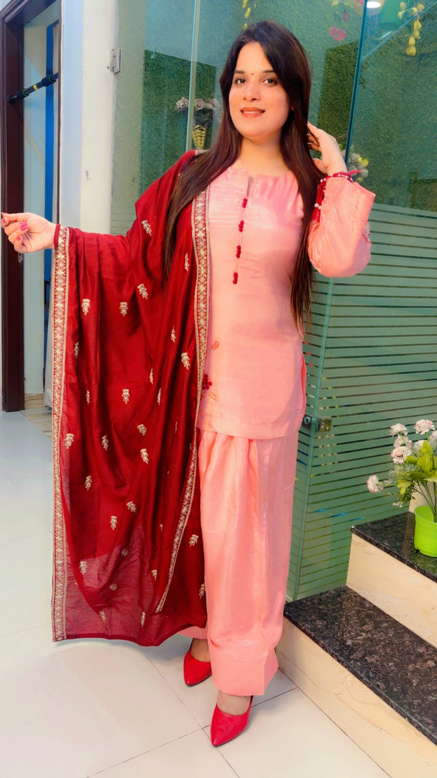 Peach Hand and Patch Worked Silk Farshi Salwar Suit with Dupatta