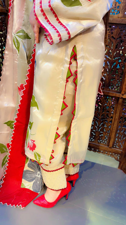 Hand Painted Tissue Silk Pakistani Suit Set In Ivory