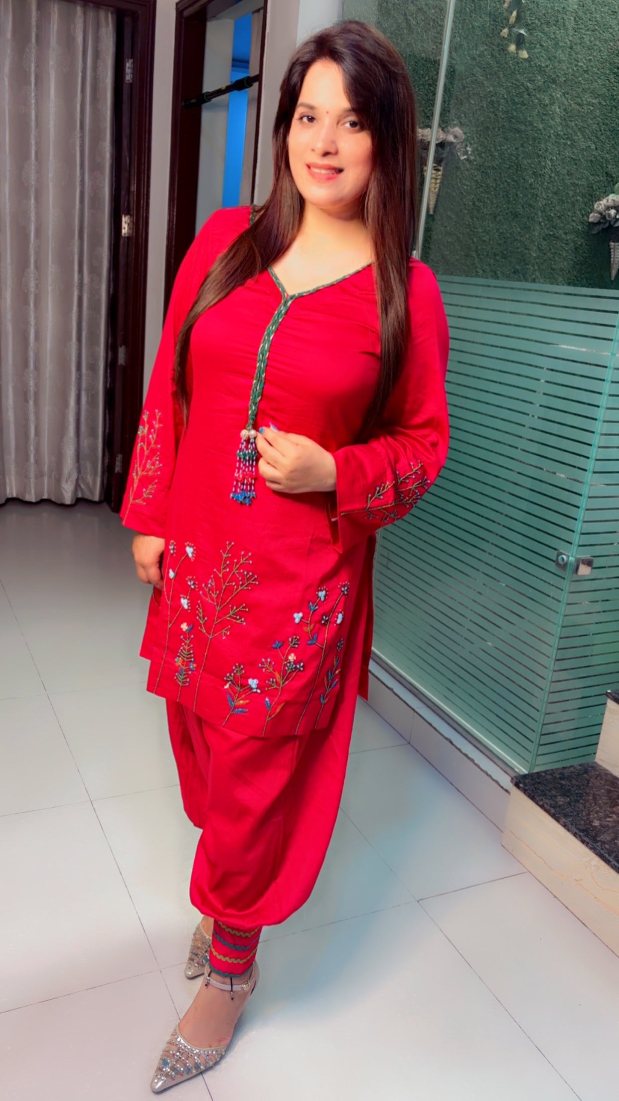 Pink Cotton Thread Embroidered Co-Ord Set For Women (CS)