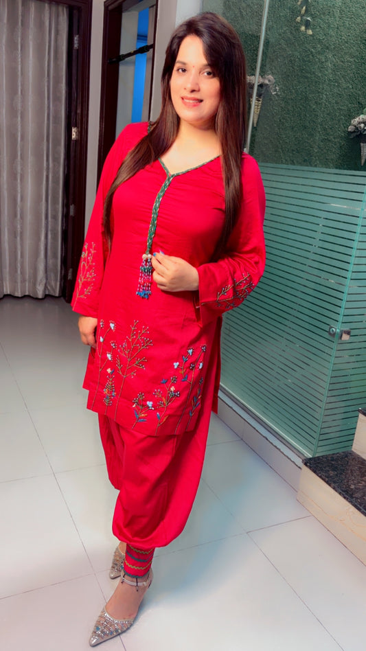 Pink Cotton Thread Embroidered Co-Ord Set For Women (CS)