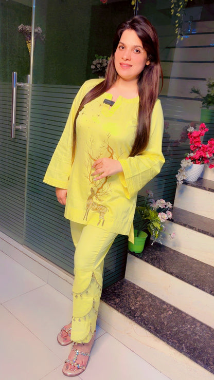 Light Yellow Cotton Embroidered Co-Ord Set (CS)