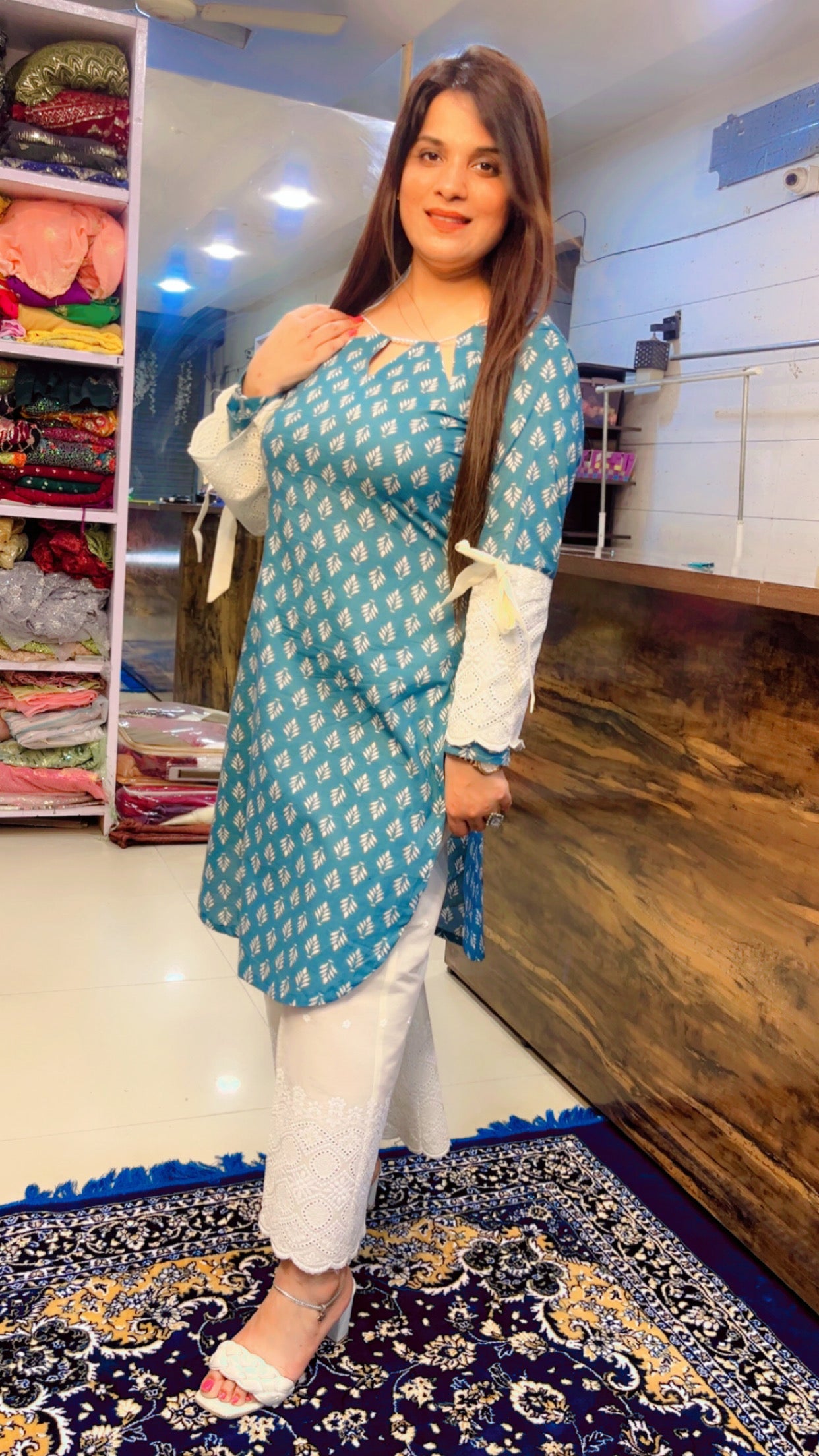 Blue And Off-White Cotton Printed Designer Kurti And Pant Set (KS003)