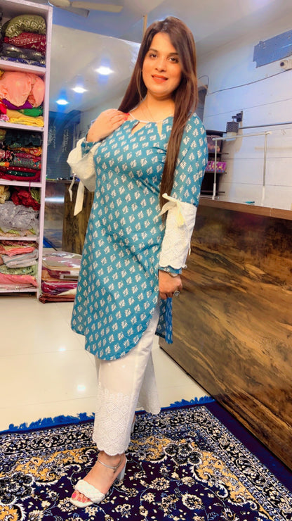 Blue And Off-White Cotton Printed Designer Kurti And Pant Set (KS003)