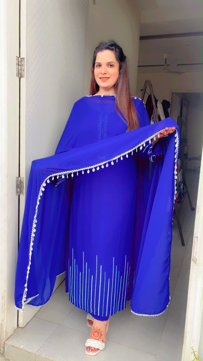 Blue Embroidered Pant Suit and Dupatta Set