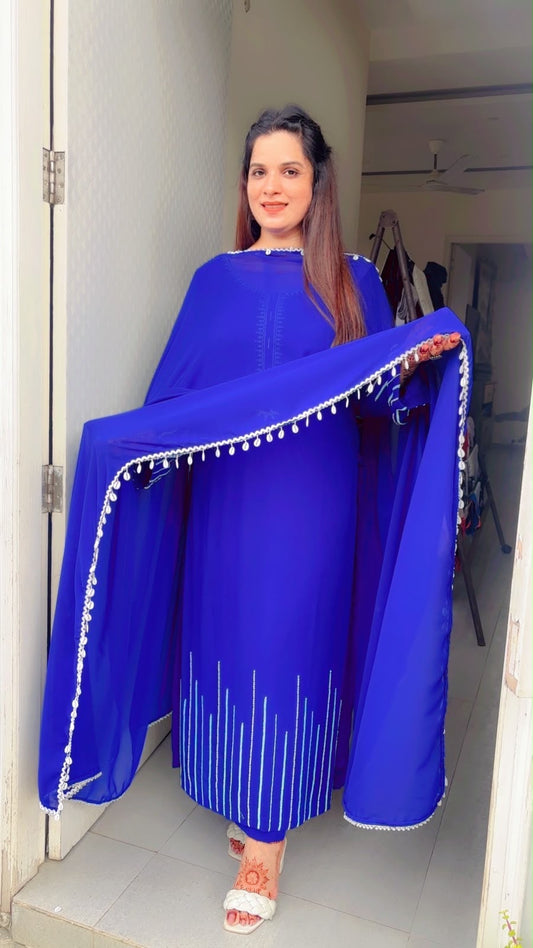 Blue Embroidered Pant Suit and Dupatta Set