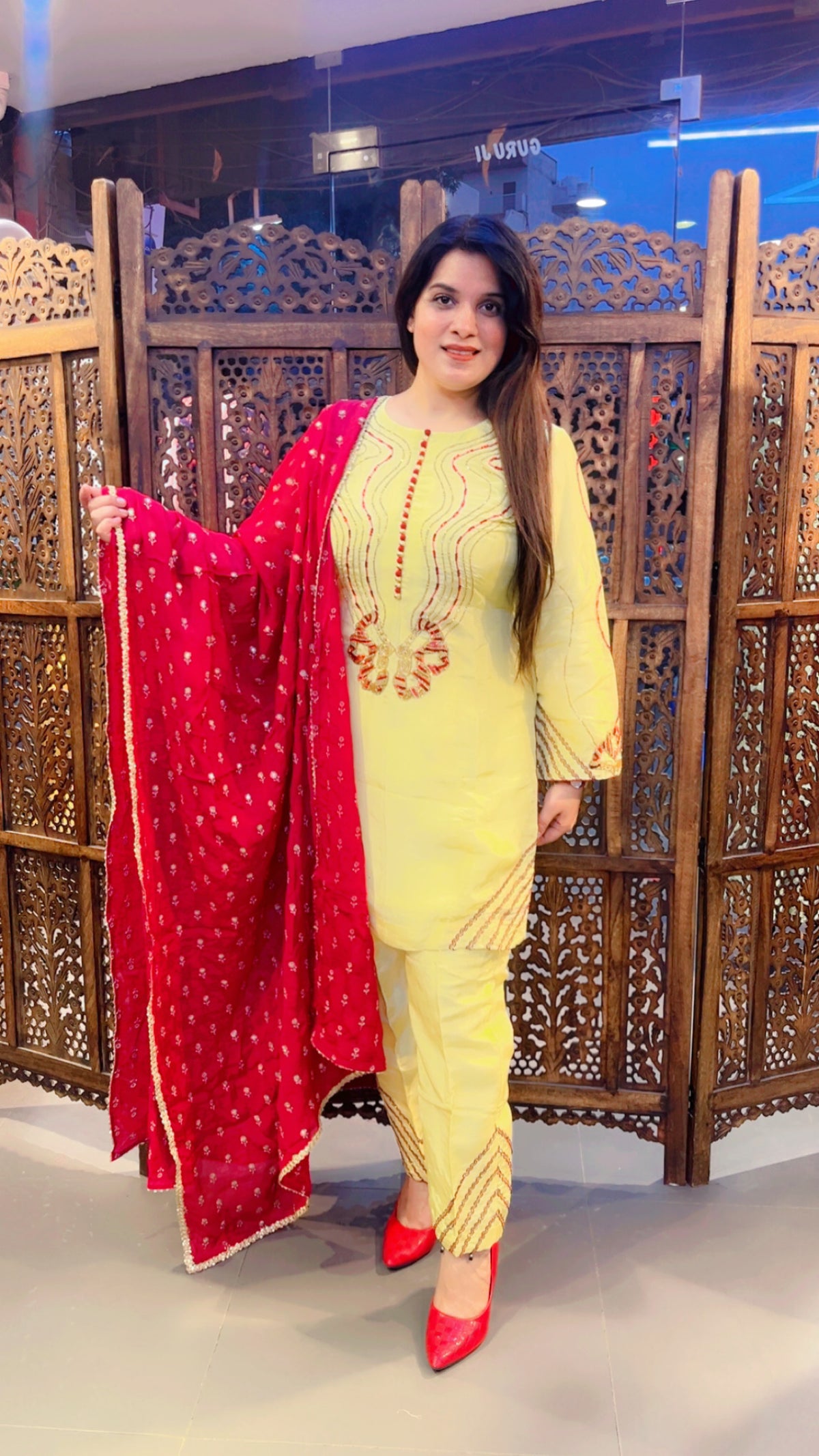 Yellow Silk Pant Suit With Chinon Dupatta For Haldi Function