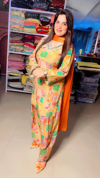 Yellow Muslin Designer Mirror Lace Work Farshi Salwar Suit With Chiffon Dupatta (FS)