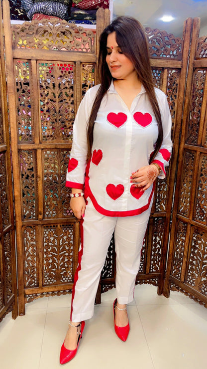 White Cotton Trendy Co-Ord Set With Red Hearts Pattern For Casual Wear (CS001)