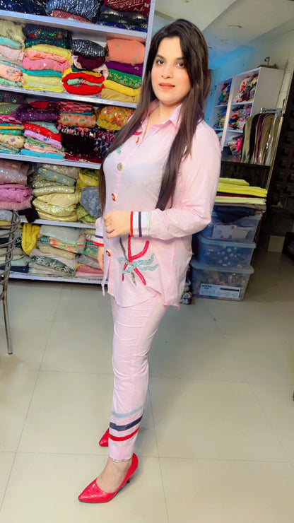 Light Pink Cotton Designer Hand Embroidered Causal Wear Co-Ord Set (CS)