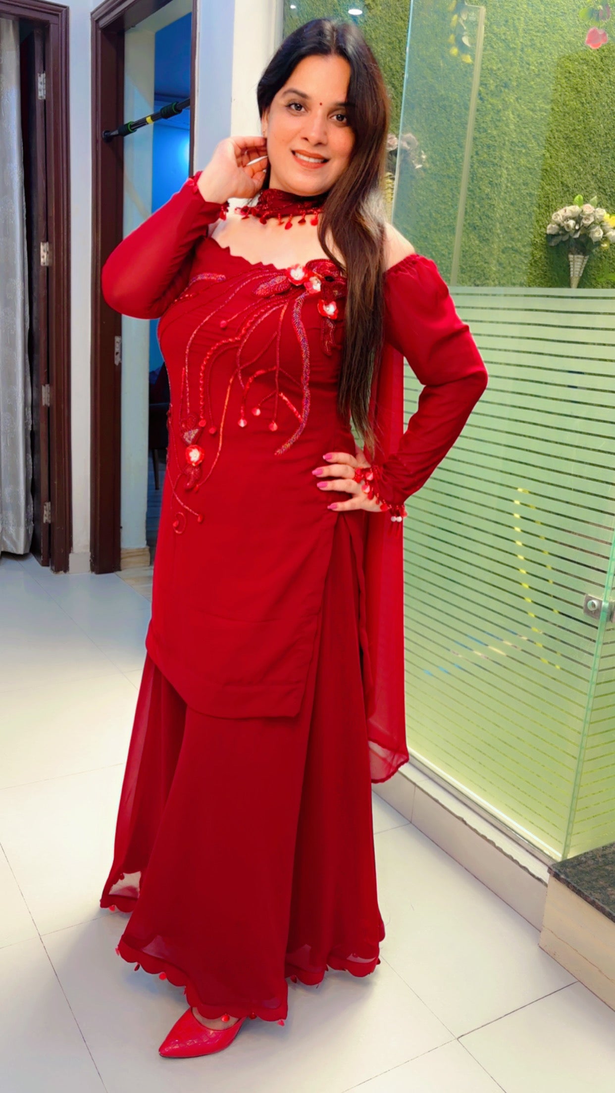 Maroon Embroidered Bridal Trousseau Palazzo Suit