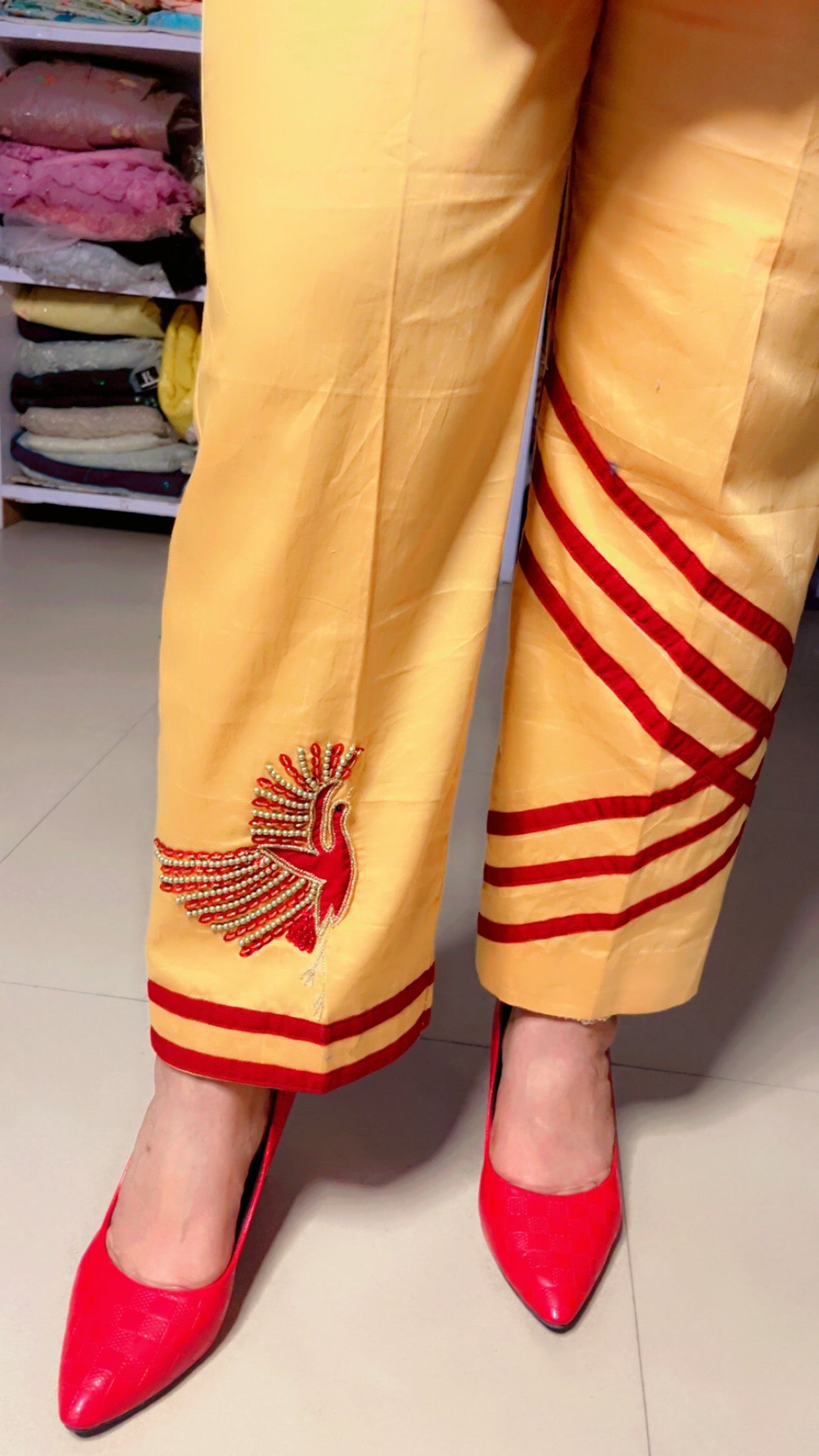 Red Yellow Cotton Embroidered Summer Co-Ord Set For Women (CS)
