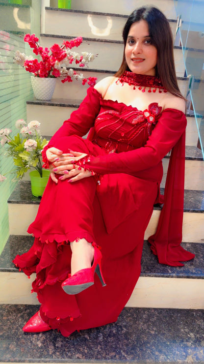 Maroon Embroidered Bridal Trousseau Palazzo Suit