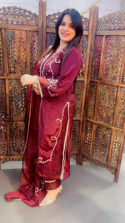 Hand Work Crepe Pakistani Suit In Dark Brown