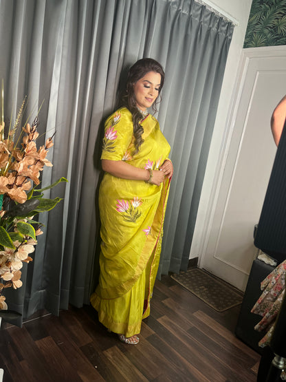 Parrot Hand Painted Saree - Shimmer Silk Saree (SR002)