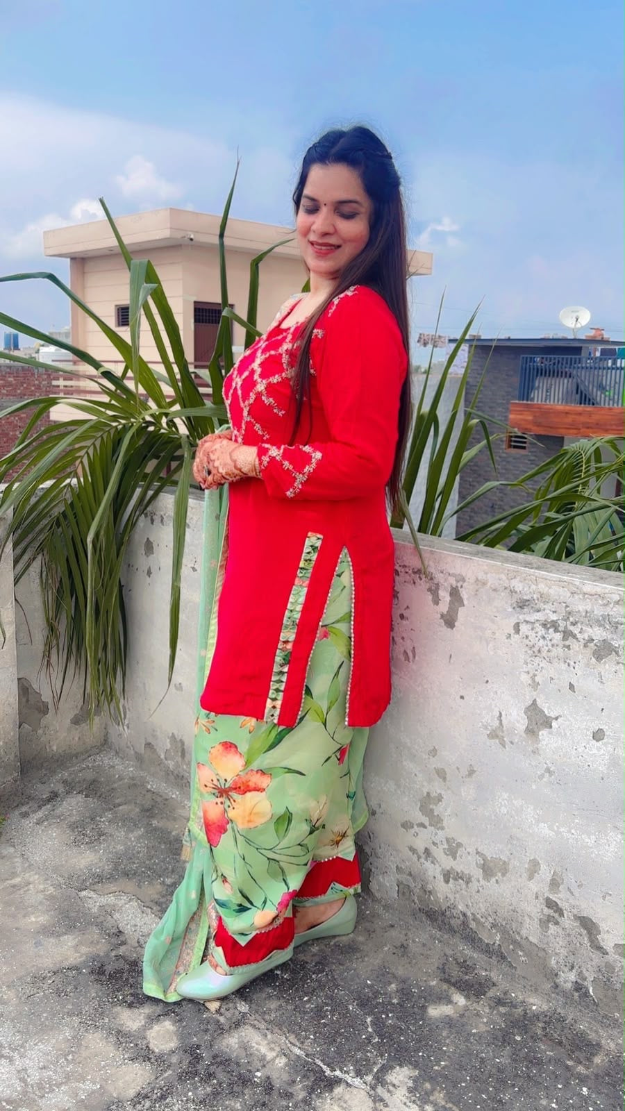 Red and Green Crepe Designer Farshi Salwar Suit