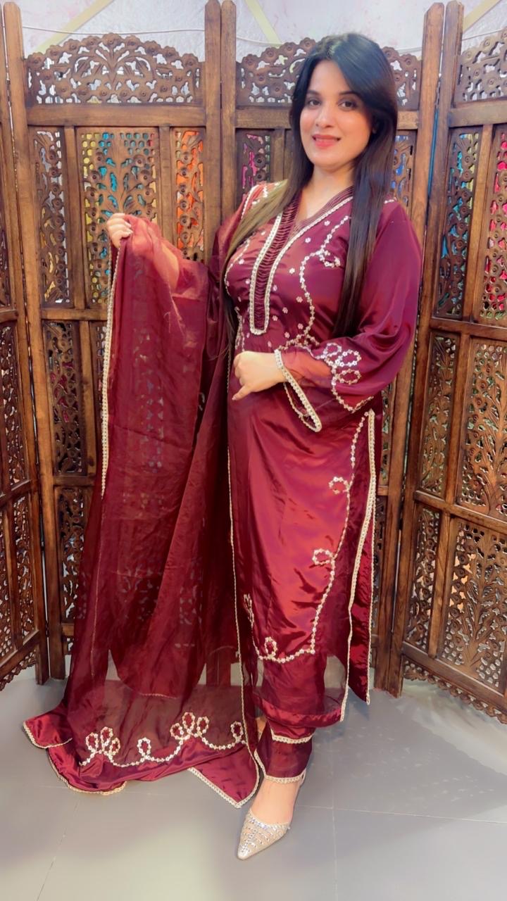 Hand Work Crepe Pakistani Suit In Dark Brown