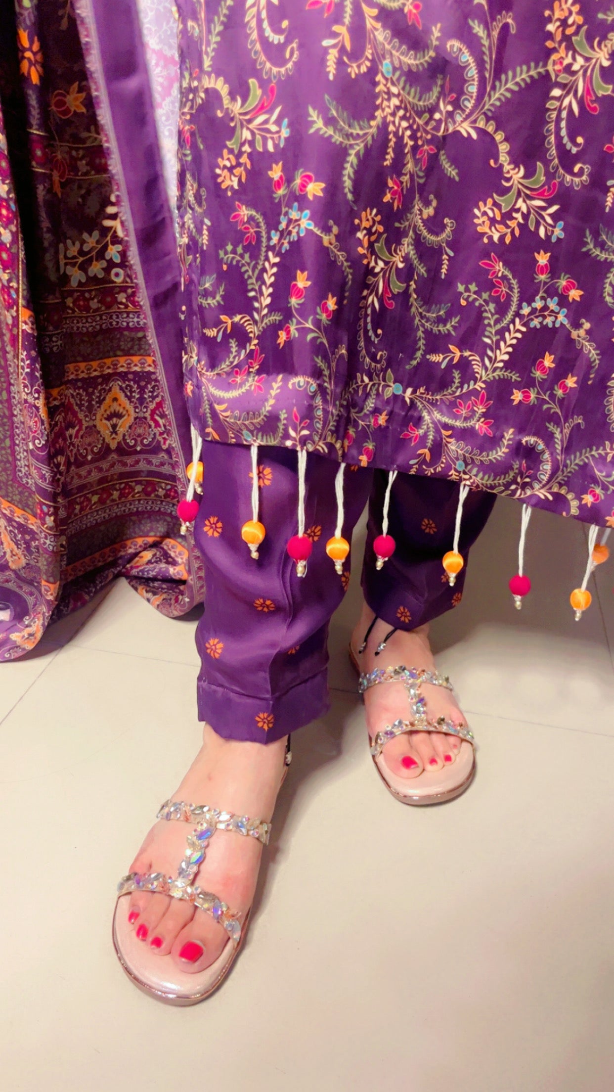 Purple Pure Satin Designer Lace Work And Tassel Detail Suit And Pant With Dupatta (PS)