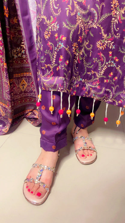 Purple Pure Satin Designer Lace Work And Tassel Detail Suit And Pant With Dupatta (PS)