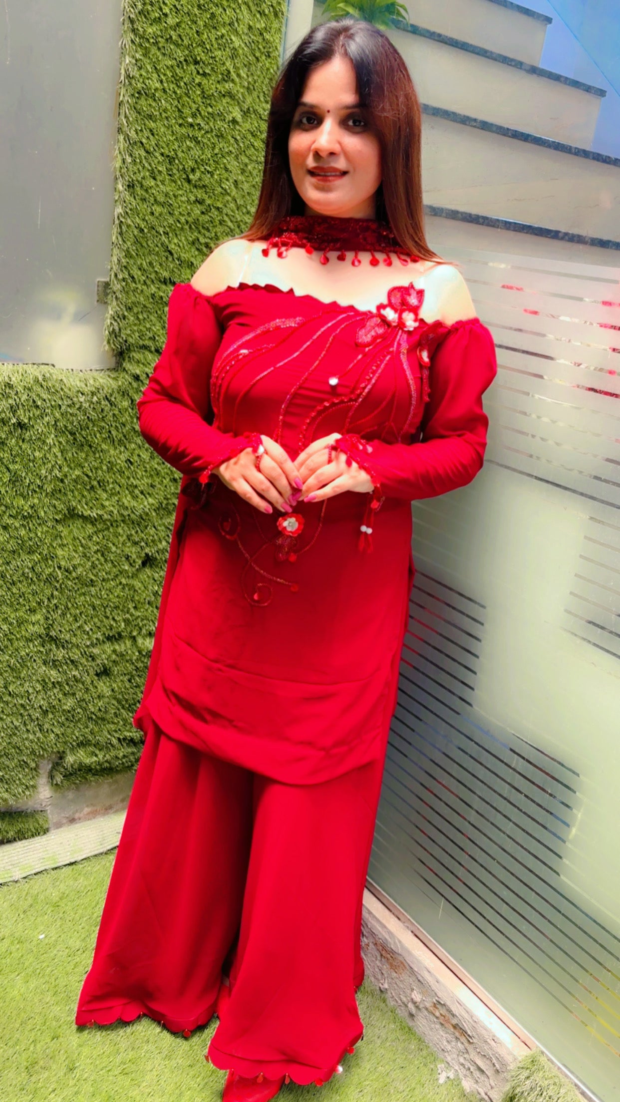 Maroon Embroidered Bridal Trousseau Palazzo Suit