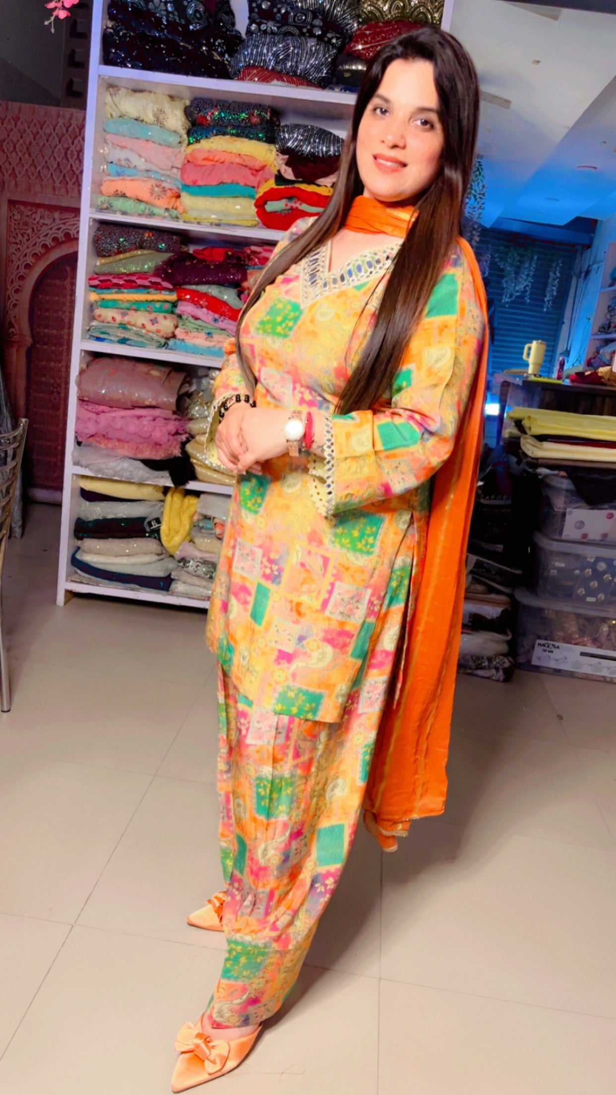 Yellow Muslin Designer Mirror Lace Work Farshi Salwar Suit With Chiffon Dupatta (FS)